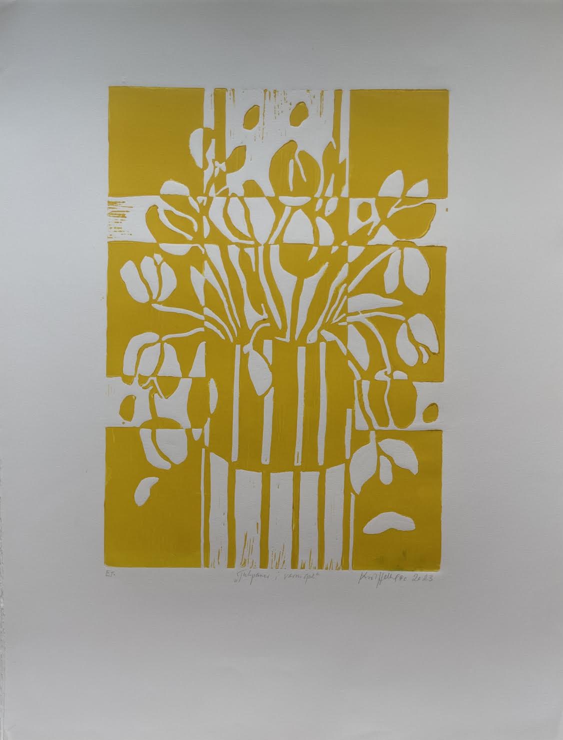 Tulipaner i stribet vase, varm gul
